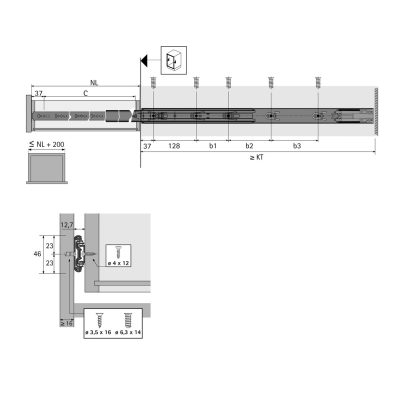 Hettich KA 4532 PUSH OPEN Ball Bearing Runners, Side Installation, dimensions (H x W) 46 x 12.7 mm (Copy) - Image 2